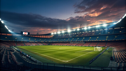 Vibrant stadium with evening lights creating an iconic football match atmosphere for sports fans