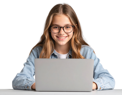 Happy Student Girl Engaged in E-Learning, Front View, Laptop Interaction, Transparent PNG