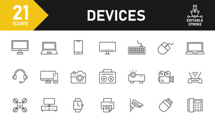 Devices line icon set. Set of 21 outline icons related to computer, laptop, smartphone, TV, headphone, electronic device and others. Editable stroke. Vector illustration.