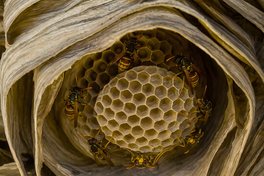 Wasp nest close up view with insects natural wildlife environment macro concept
