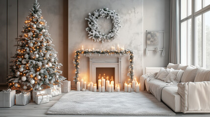 a living room with a white Christmas theme, flocked tree, silver garlands, glowing candles