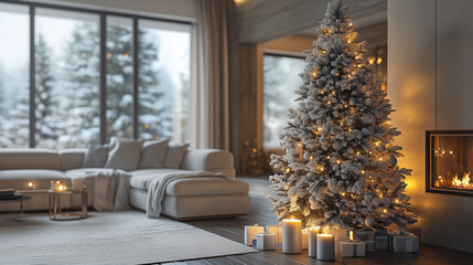 a living room with a white Christmas theme, flocked tree, silver garlands, glowing candles