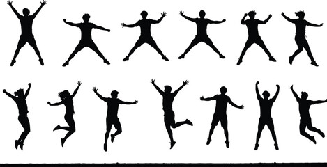 Silhouette people jumping, freedom energy, fitness exercise, outdoor lifestyle, active movement, motivational concept, happiness success, sport action, energetic performance, healthy activity