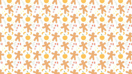 Seamless christmas pattern with gingerbread man candy cane and oranges vector design