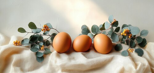 Three brown eggs placed on a soft beige fabric surrounded by green eucalyptus leaves and small yellow-orange berries, bathed in gentle natural light