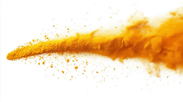 Yellow seasoning powder explosion isolated, turmeric curry powder splash 