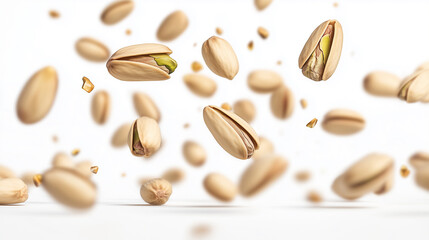 Obraz premium Pistachio nuts falling in air with kernels, floating in air 