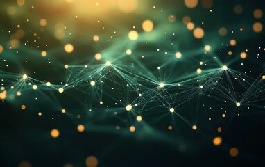 Abstract network of glowing nodes connected by fine lines with a dark background and floating light orbs creating a futuristic and technology-inspired atmosphere