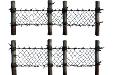 Metal chain link fences with barbed wire create a barrier for security and protection in a constructed outdoor area