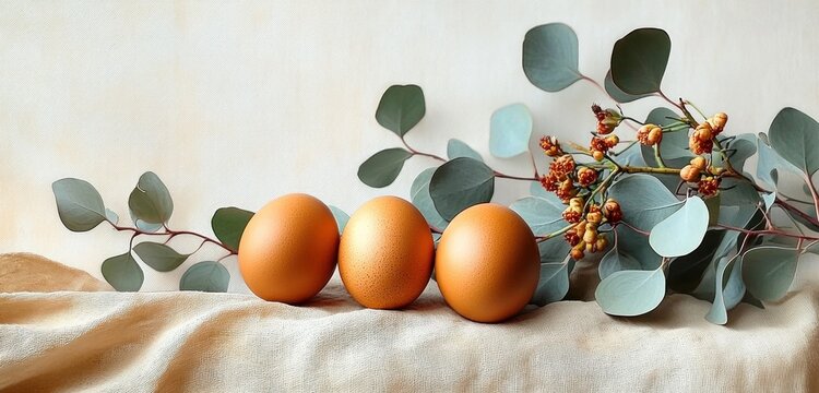 Three brown eggs arranged in a row on a beige cloth with eucalyptus leaves and orange berries in the background creating a calm and natural scene - Powered by Adobe