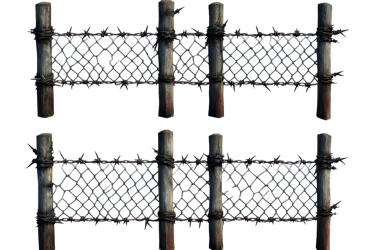 Metal chain link fences with barbed wire create a barrier for security and protection in a constructed outdoor area
