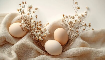 Three smooth light brown eggs nestled on soft textured beige fabric surrounded by delicate dried white flowers creating a calm and natural scene