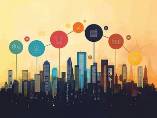 Stylized city skyline silhouette during sunset with colorful infographic icons linked above representing various data and information points