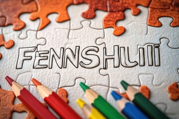 Close-up of a partially completed orange and white jigsaw puzzle with colored pencils arranged in front and letters drawn on the puzzle pieces