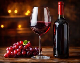 Obraz premium A glass of red wine next to a bottle of red wine and a bunch of fresh red grapes on a wooden surface with warm ambient light in the background