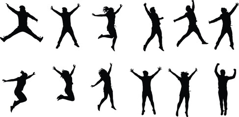 Silhouette people jumping, freedom expression, energetic lifestyle, outdoor sport action, fitness exercise, happiness concept, motivational success, movement energy, healthy activity, celebration