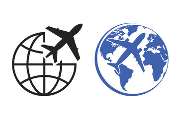 Airplane Flying Over Globe Icon Silhouette – International Travel and Tourism Symbol