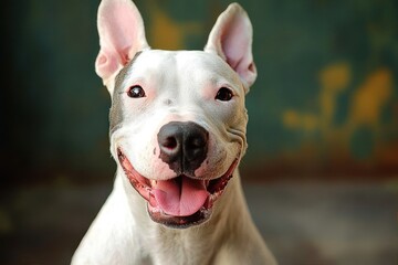 close-up of a happy white dog with a big smile and tongue out looking directly at the camera with ears perked up