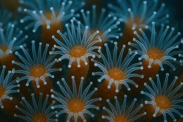 Obraz premium Underwater Blooms: A stunning macro shot reveals a collection of delicate coral polyps, their intricate forms a testament to the mesmerizing beauty of marine life.
