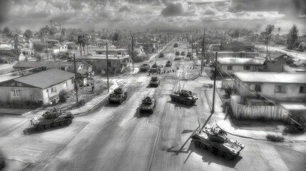 Aerial urban scene with military roadblocks and armored vehicles creating tense martial law atmosphere under moody overcast skies