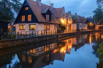 Obraz premium Cozy illuminated houses reflected in calm canal at dusk under a cloudy blue sky surrounded by trees and greenery