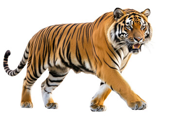 Majestic tiger walking confidently in its stride with vibrant fur pattern in a natural habitat setting