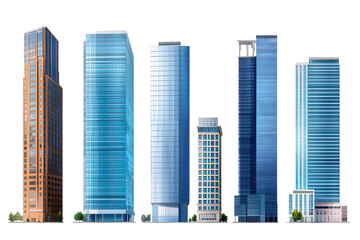 Naklejka premium Collection of tall office buildings showcasing modern architectural designs in a city landscape with various styles and colors