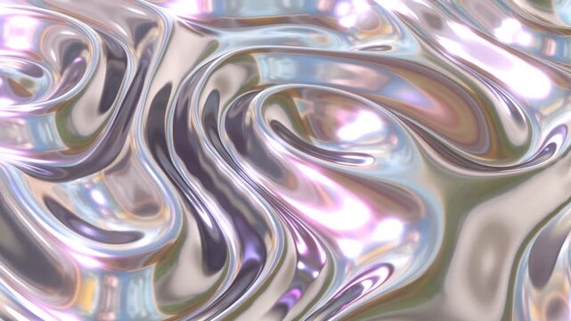 Silver chrome 3d abstract graphics background animation, silk moving waves on wind shiny and glossy metallic seamless 4K loop video animation, silver texture design.