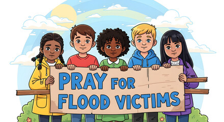 Children holding a banner Pray for flood victims expressing solidarity in a colorful cartoon style