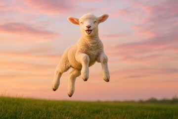 Fototapeta premium Joyful Lamb in Mid-Air: A delightful lamb leaps through the air, showcasing a pure sense of joy against a soft, pastel sunset sky, captured in perfect focus.