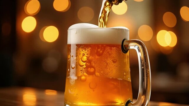 Indulge in liquid gold golden beer pouring smoothly into a glass mug soft glowing ambience and bokeh foam forming in 4k video footage