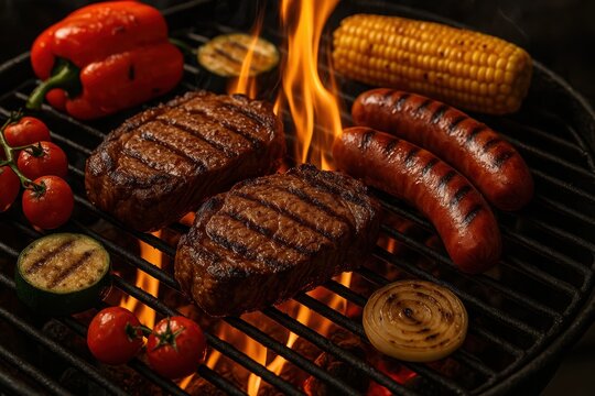 Grill feast: A mouthwatering array of grilled delicacies, including juicy steak, savory sausage, golden corn on the cob, and vibrant vegetables, sizzle on a hot grill. - Powered by Adobe