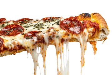 Slice of pepperoni pizza with melted cheese and herbs, showcasing delicious toppings and gooey texture from a pizzeria setting