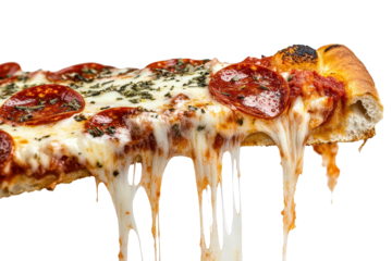 Slice of pepperoni pizza with melted cheese and herbs, showcasing delicious toppings and gooey texture from a pizzeria setting