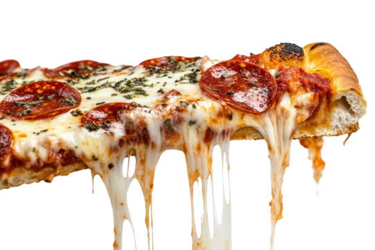 Slice of pepperoni pizza with melted cheese and herbs, showcasing delicious toppings and gooey texture from a pizzeria setting