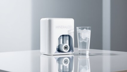 A white mineralized water purifier next to a glass of water with ice on a reflective surface