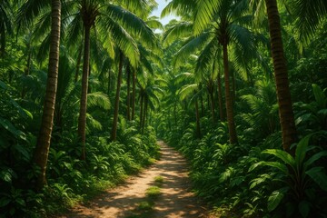 Jungle Path: A sun-dappled path winds through a dense jungle, surrounded by towering palm trees and lush tropical vegetation, offering a sense of exploration and adventure.