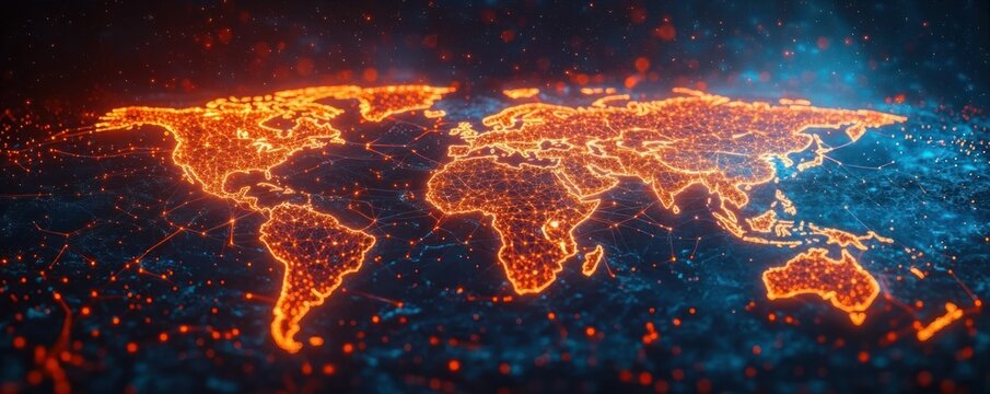 Glowing digital network world map in bright fiery orange on a dark blue technological grid background, representing global connectivity and data flow