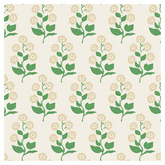 This serene seamless pattern features delicate green stems with soft white flowers, set against a light beige background. The simple, calming design evokes a sense of purity and nature.