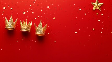 Elegant minimalistic poster design featuring three golden crowns on red background