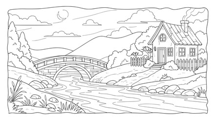 Scenic landscape with river house bridge and trees with transparent background