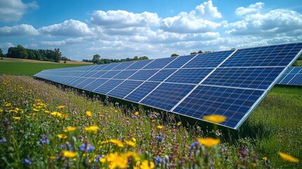 Large field of solar panels under a partly cloudy sky with wildflowers and green grass surrounding the installation, conveying a clean energy and nature harmony scene