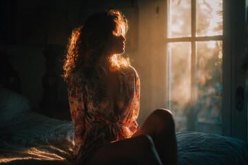 Calm female model enjoying natural morning light while sitting on a bed, ideal for home, comfort, and mindfulness projects.