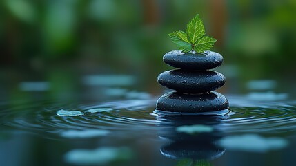Stack of Black Stones with Green Leaves on Water with Ripples, Bamboo Background Soft Pastel Zen Style Wellness Image