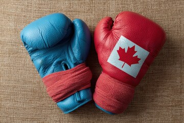 Vibrant photo of blue boxing gloves and red bandages with the canadian flag on a beige background, flat lay, stock photo.