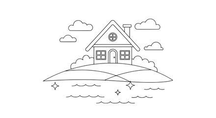 House on hill with clouds and stars with transparent background
