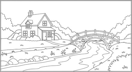 Landscape with house and bridge on transparent background