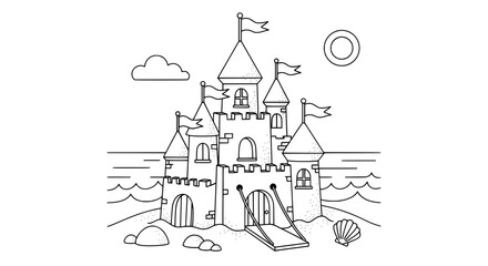 Castle with flags and sea elements on transparent background