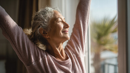 Elderly woman doing light stretching exercise at home, smiling, healthy lifestyle, sunlight through window.