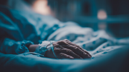 Close-up of elderly patient hand with IV drip in hospital bed, symbolizing critical condition, palliative care, and end-of-life support in medical or healthcare environments.